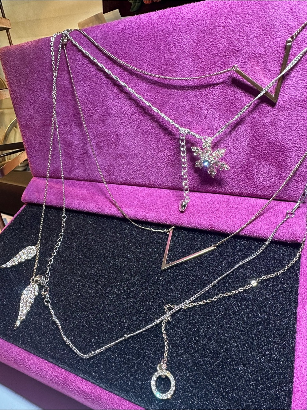 LOT OF 4 and a mystery gift Snowflake Pendant Necklace Crystals and more